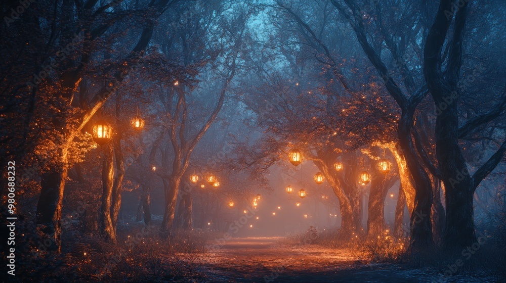 A misty forest path illuminated by glowing lanterns, creating a mystical atmosphere. A misty forest path illuminated by glowing lanterns, creating a mystical atmosphere.