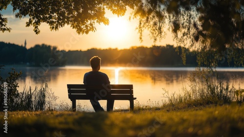 Fototapeta Naklejka Na Ścianę i Meble -  A person sitting on a bench by a lake at sunset, reflecting on nature and tranquility.
