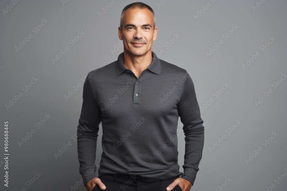 Fototapeta premium Portrait of a tender man in his 40s donning a classy polo shirt isolated in pastel gray background