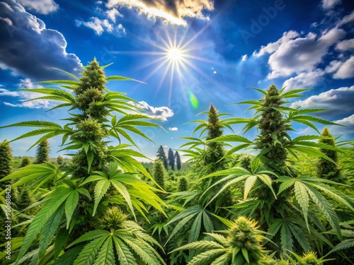 Vibrant green cannabis plants with dense buds stretch towards the sky, swaying gently in the breeze, under a sunny blue sky with few fluffy clouds. photo