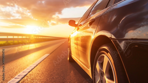 Lone car driving on deserted highway at sunset, road stretching into horizon with golden light reflecting off hood, sharp silhouette against vibrant sky, emphasizing solitude and freedom.