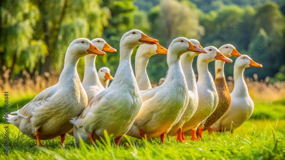 Obraz premium Here, a group of domestic ducks stand quietly in a row, their feathers glistening in the vibrant green