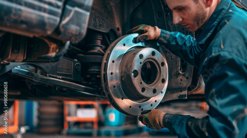 Inspecting brake pads and rotors during a routine vehicle maintenance check in a well-equipped garage