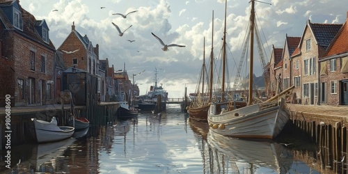 Old town canal with sailboats docked and birds flying overhead. photo