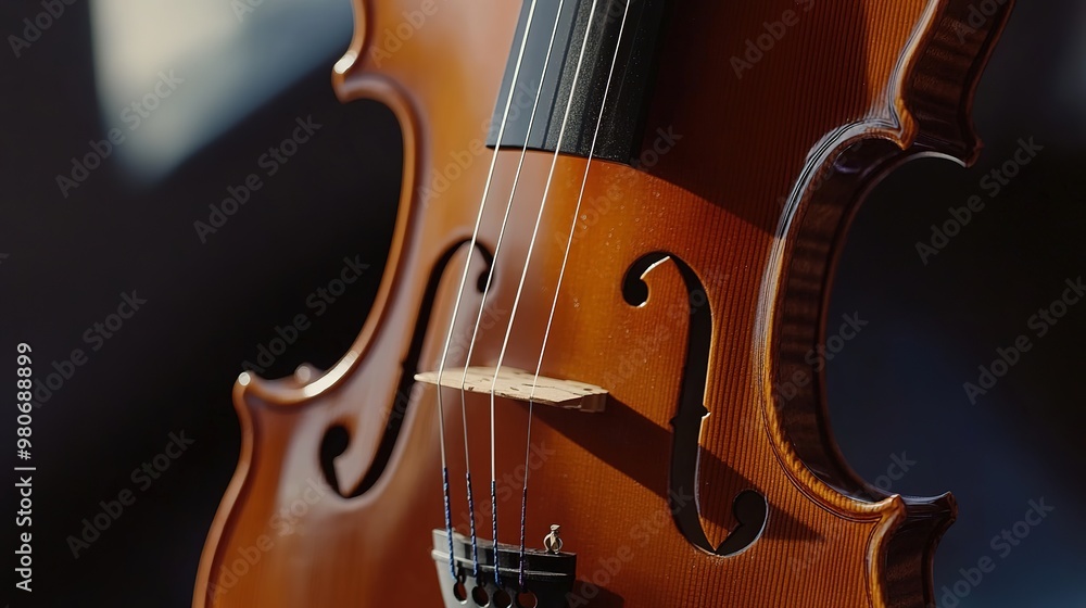 Fototapeta premium Classic Violin with 4 Strings, Detailed Watercolor Illustration of a Traditional String Instrument, Wooden Body, and Elegant Curved Design for Music and Art Concepts.