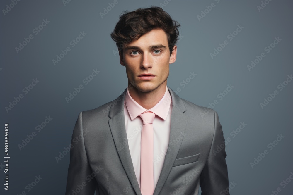 Portrait of a content man in his 20s wearing a professional suit jacket in pastel gray background Portrait of a content man in his 20s wearing a professional suit jacket in pastel gray background