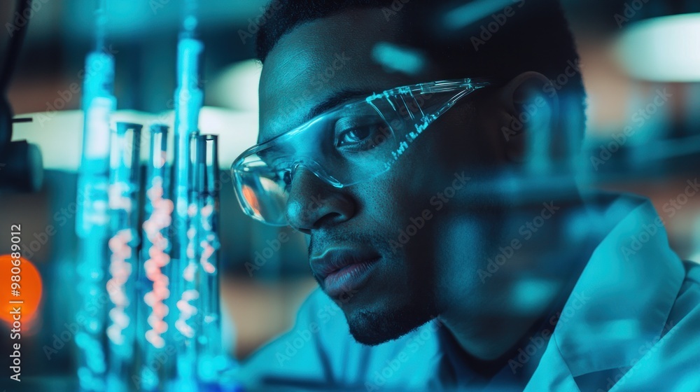 A focused scientist examines laboratory experiments with glassware and equipment. A focused scientist examines laboratory experiments with glassware and equipment.