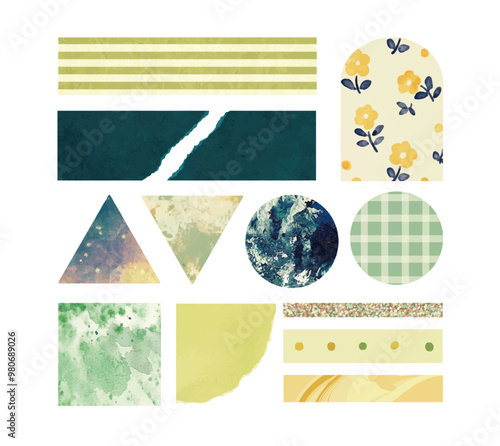 お洒落でかわいい紙のコラージュ素材　背景装飾イラストセット　紙片　マスキングテープ　緑色