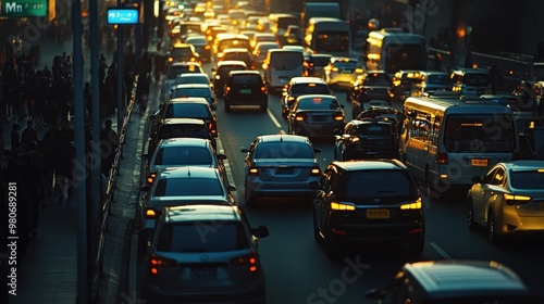 Busy urban street during rush hour with heavy traffic and pedestrians.