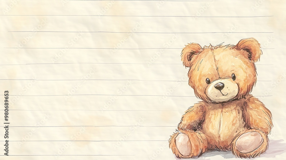 Obraz premium Watercolor Illustration of Fluffy Brown Teddy Bear on the Bottom Left Corner of Lined Stationery Paper, Lightly Pictured Background for Cute and Playful Stationery Design.