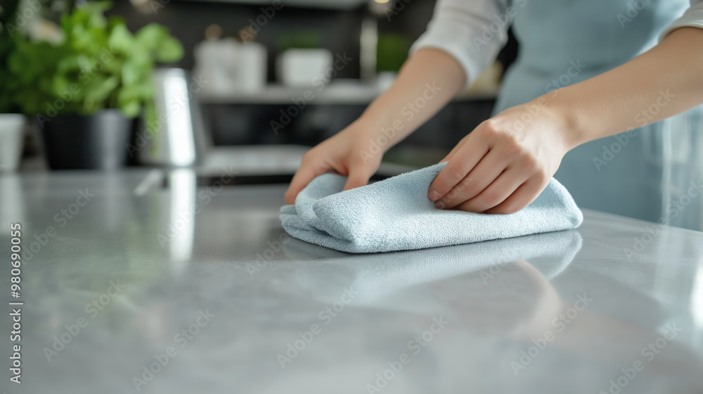 Fototapeta premium A person wipes down a clean kitchen counter with a cloth in a modern home during the daytime to maintain cleanliness and hygiene