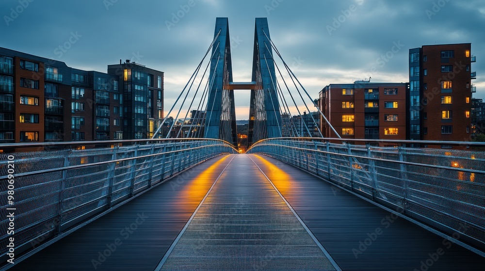 Obraz premium A modern pedestrian bridge illuminated at dusk, connecting urban buildings.