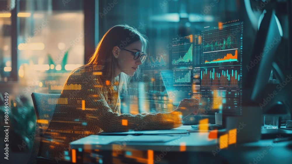 A focused individual analyzes data on multiple screens in a modern workspace. A focused individual analyzes data on multiple screens in a modern workspace.