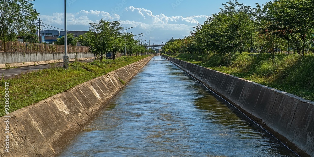 Fototapeta premium Concrete canal, water flows through, green foliage.