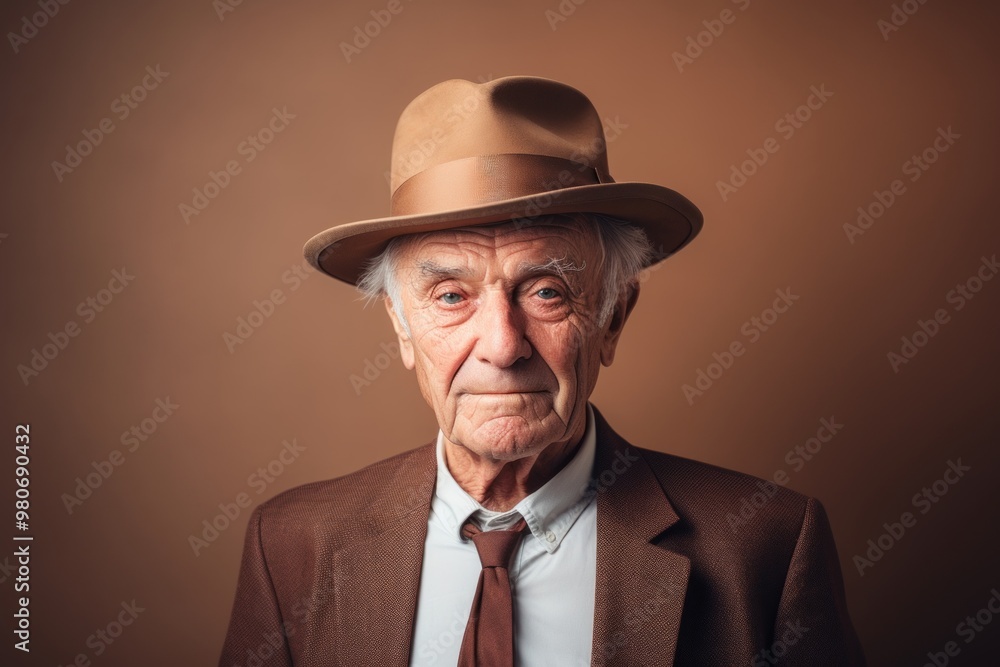 Portrait of a blissful elderly 100 years old man donning a classic fedora isolated on pastel brown background Portrait of a blissful elderly 100 years old man donning a classic fedora isolated on pastel brown background
