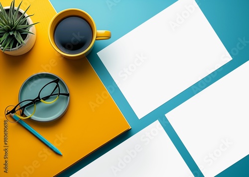 a4 mockup 3 pages on a table with a cup of coffee, plant and glasses