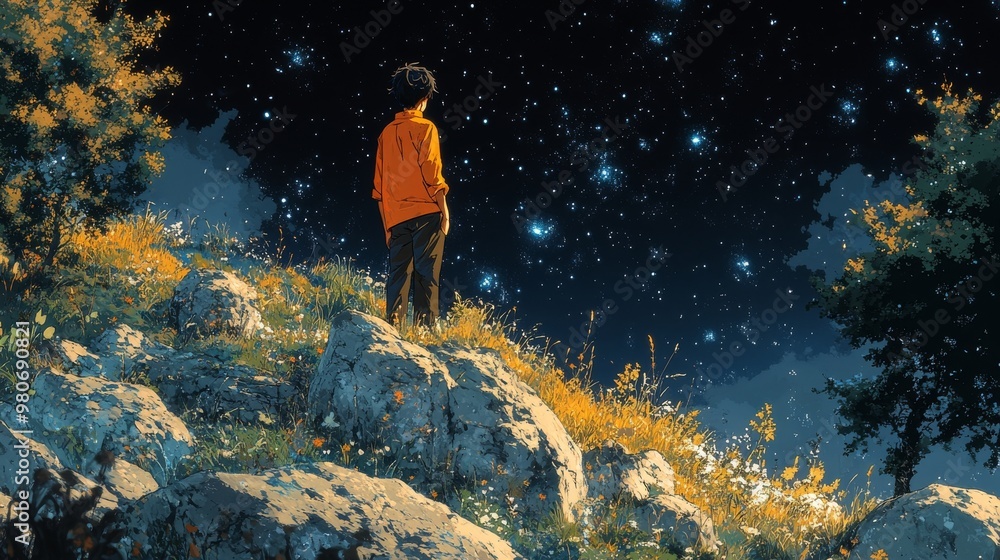 Person in an orange shirt stands on rocky terrain, gazing at a star-filled night sky surrounded by nature Person in an orange shirt stands on rocky terrain, gazing at a star-filled night sky surrounded by nature