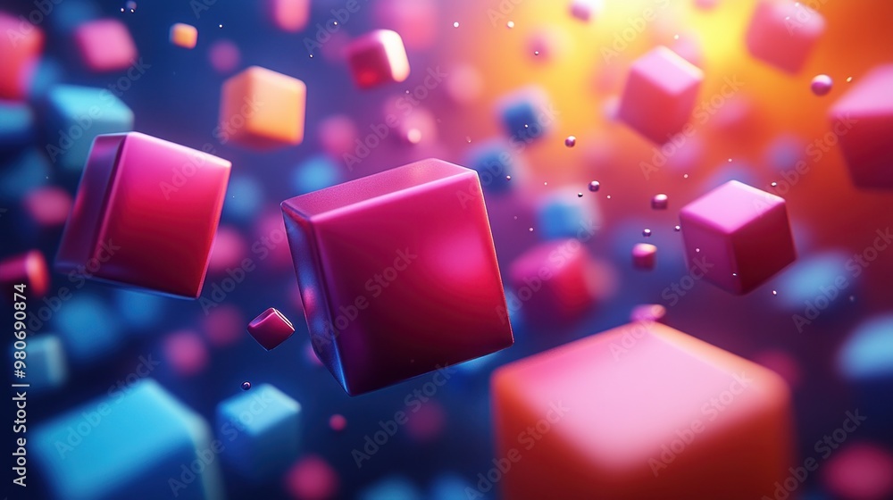 Abstract composition of colorful 3D cubes in a dynamic space. Abstract composition of colorful 3D cubes in a dynamic space.