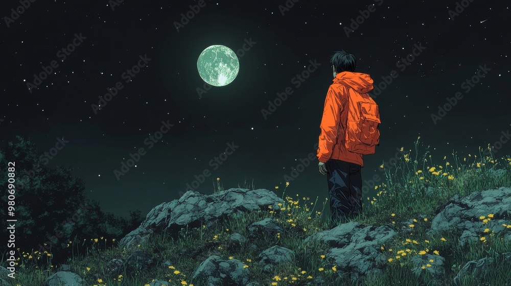 Obraz premium Person in an orange jacket stands on a rocky hill, gazing at a bright full moon in the night sky