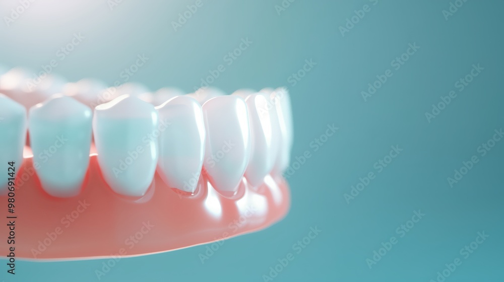 Fototapeta premium A close-up view of a dental model showing healthy, white teeth and gums against a light blue background, representing oral health and dental care.
