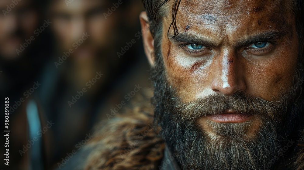 Rugged, intense man with piercing blue eyes and a beard stares ahead, with blurred figures visible in the background Rugged, intense man with piercing blue eyes and a beard stares ahead, with blurred figures visible in the background