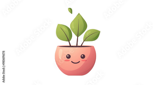 A cute cartoon potted plant with a smiling face and green leaves on a white background. The plant is depicted in a pink pot with a happy expression.