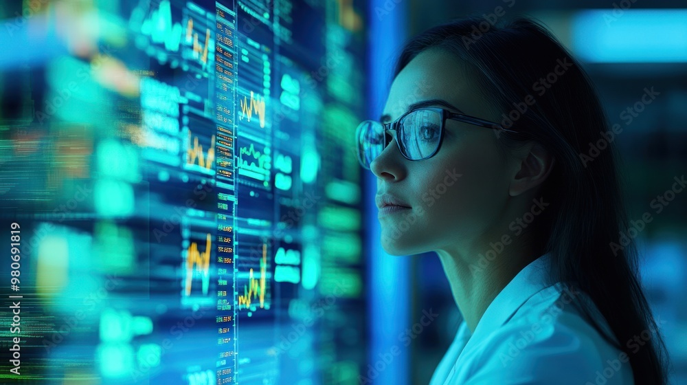 A focused individual analyzes data on a digital screen, showcasing technology and analysis. A focused individual analyzes data on a digital screen, showcasing technology and analysis.