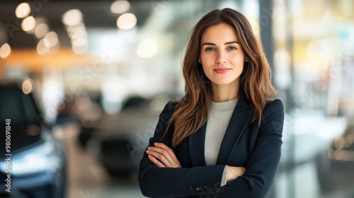 Empowered Businesswoman with Arms Crossed inside a Car Dealership Displaying Confidence and Professionalism