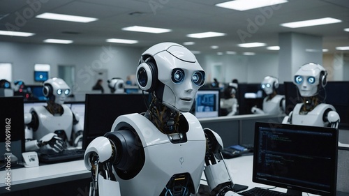 Robots equipped with headsets seated at their individual workstations in front of computer monitors in a busy call center