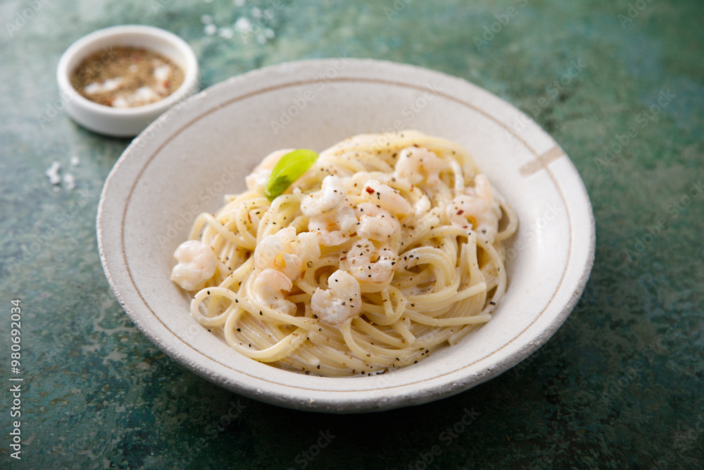 Pasta with cream sauce and shrimps Pasta with cream sauce and shrimps