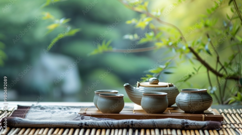 Traditional Tea Ceremony with Teapot and Cups on Bamboo Mat Traditional Tea Ceremony with Teapot and Cups on Bamboo Mat