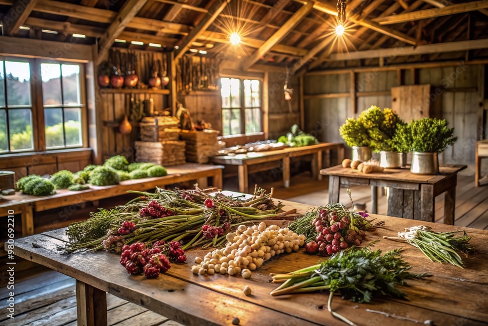Rustic barn interior softly illuminated by natural light featuring carefully arranged organic textures and buds being prepared for packaging on wooden workbenches. Rustic barn interior softly illuminated by natural light featuring carefully arranged organic textures and buds being prepared for packaging on wooden workbenches.
