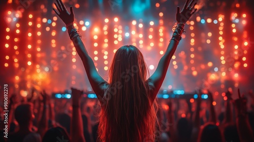 Person standing with arms raised at a concert, surrounded by a crowd, illuminated by vibrant red and blue lights photo