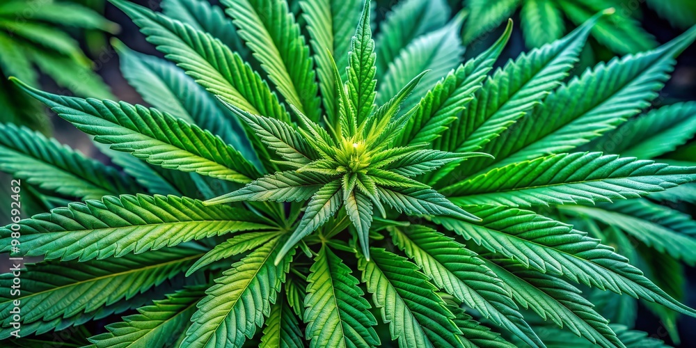 Obraz premium A vibrant, detailed close-up of a lush bunch of green marijuana leaves, showcasing trichomes and veins, ideal for illustrating cannabis culture and medicinal use.