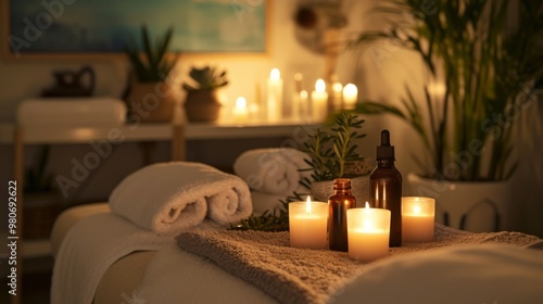 Relaxing Spa Setting with Candles and Essential Oils