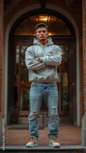 Young man in a gray hoodie and ripped jeans stands confidently in front of an arched doorway, facing forward