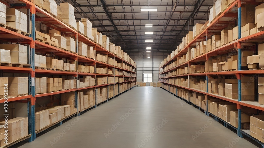 Wide-Angle View of Warehouse with Stacked Shelves Full of Cardboard Boxes for Industrial and Supply Chain Concept Wide-Angle View of Warehouse with Stacked Shelves Full of Cardboard Boxes for Industrial and Supply Chain Concept