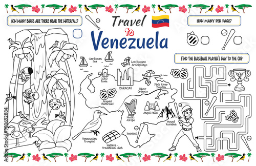 A fun placemat for kids. Printable “Travel to Venezuela” activity sheet with a labyrinth and coloring page. 17x11 inch printable vector file