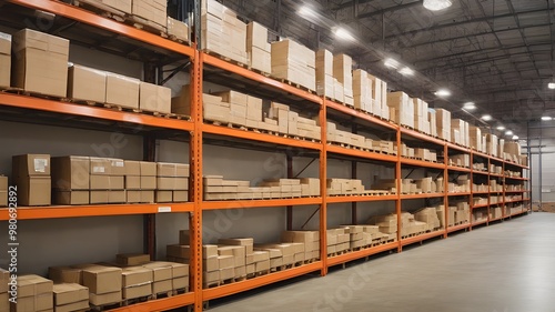 Modern Warehouse Shelving System with Metal Racks and Packaging Boxes for Efficient Industrial Organization