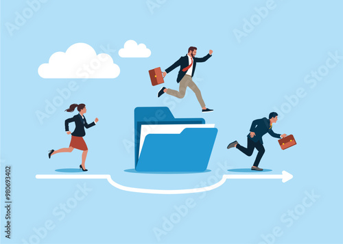 Businessman and businesswoman run the way around and jump pass file folder. Overcome solution to solve business problem. Flat vector illustration
