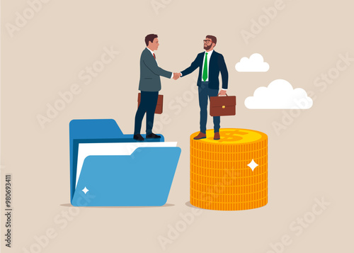 Entrepreneur standing on money coins stack shaking hands businessman with file folder. Idea pitching, fundraising. Flat vector illustration