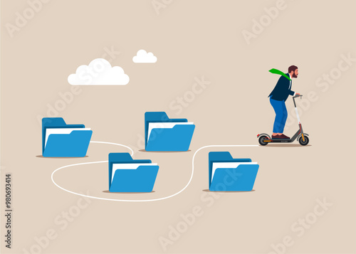 Businessman on a electric scooter pass many folders to achieve finish. Organize document files into archive folders.  Flat vector illustration