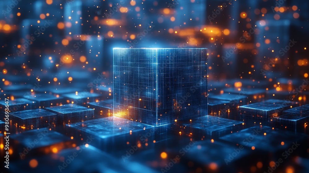 Fototapeta premium Depicts multiple glowing digital cubes against a dark background, with bright particles floating around, creating a futuristic ambiance