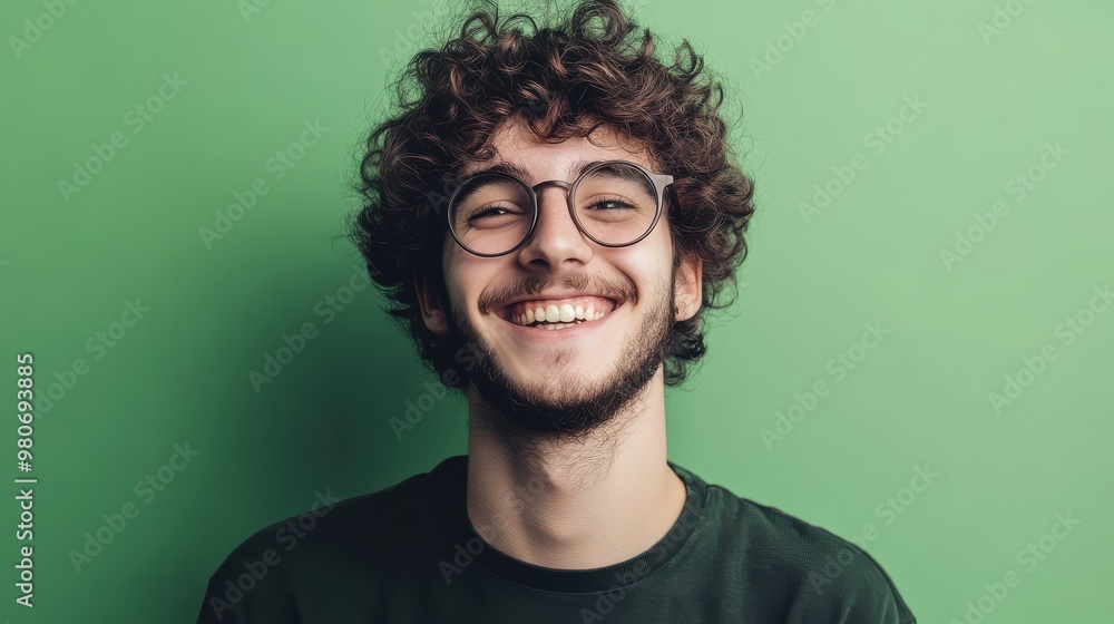 Cheerful Young Man with Curly Hair and Glasses Enjoying a Day Outdoors Surrounded by Nature Cheerful Young Man with Curly Hair and Glasses Enjoying a Day Outdoors Surrounded by Nature