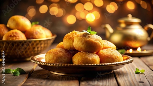 On a plate, a warm, crunchy baati glows in a soft blur, its aroma wafting to tantalize the photo