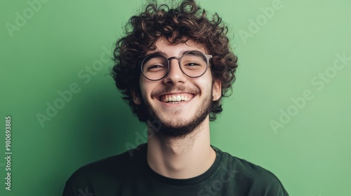 Cheerful Young Man with Curly Hair and Glasses Enjoying a Day Outdoors Surrounded by Nature