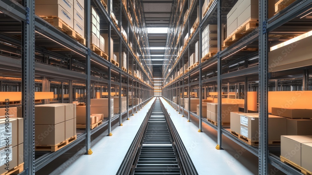 Automated warehouse shelves with boxes, leaving space for copy related to logistics technology. Automated warehouse shelves with boxes, leaving space for copy related to logistics technology.