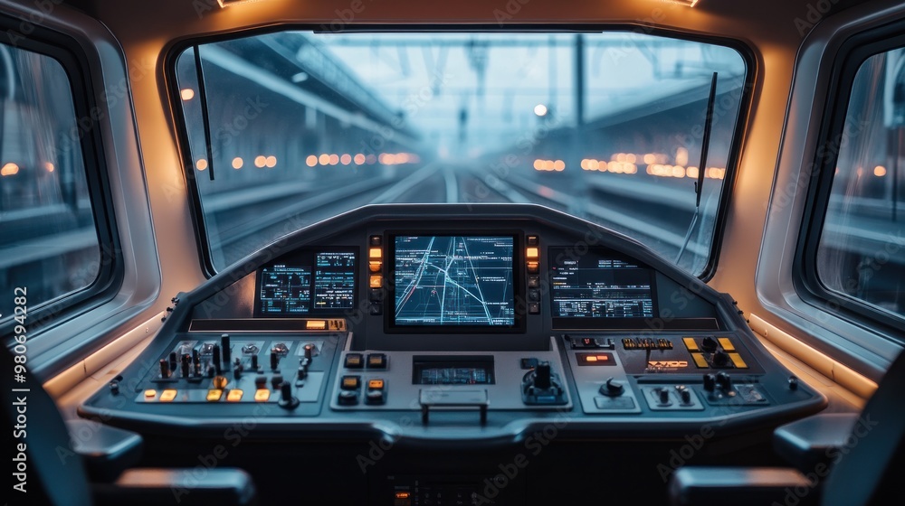Interior view of a train cockpit with control panels and screens, ready for departure. Interior view of a train cockpit with control panels and screens, ready for departure.
