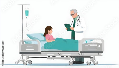 Patient consultation in hospital, medical check-up with doctor, hospitalized child girl patient receiving care, healthcare, treatment, admitted ward bed, recovery, illness, diagnosis, checkup