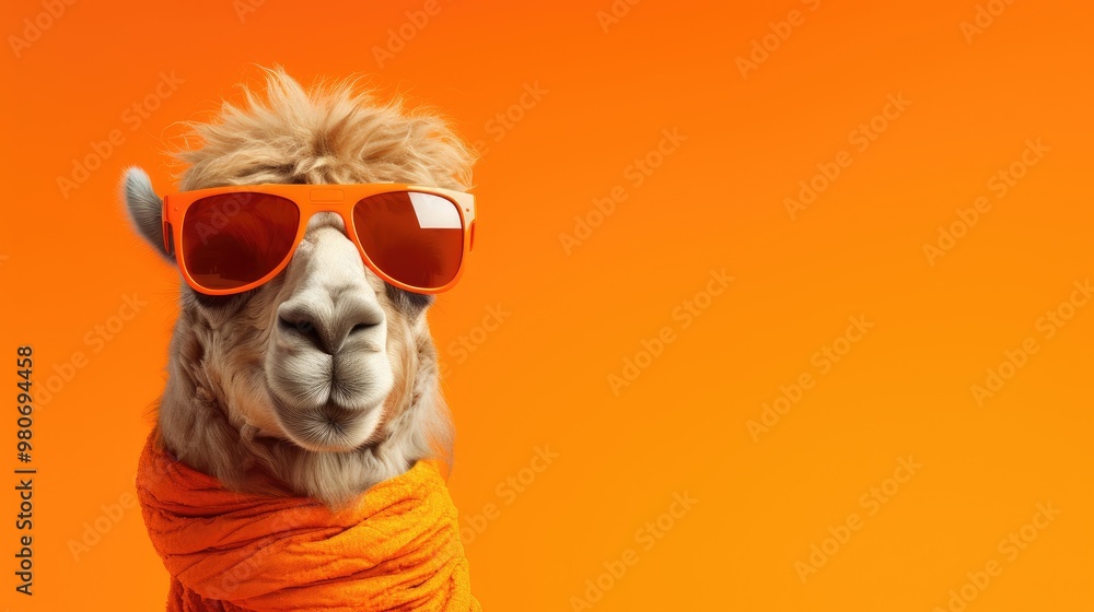 Camel wearing sunglasses on a solid color background Camel wearing sunglasses on a solid color background